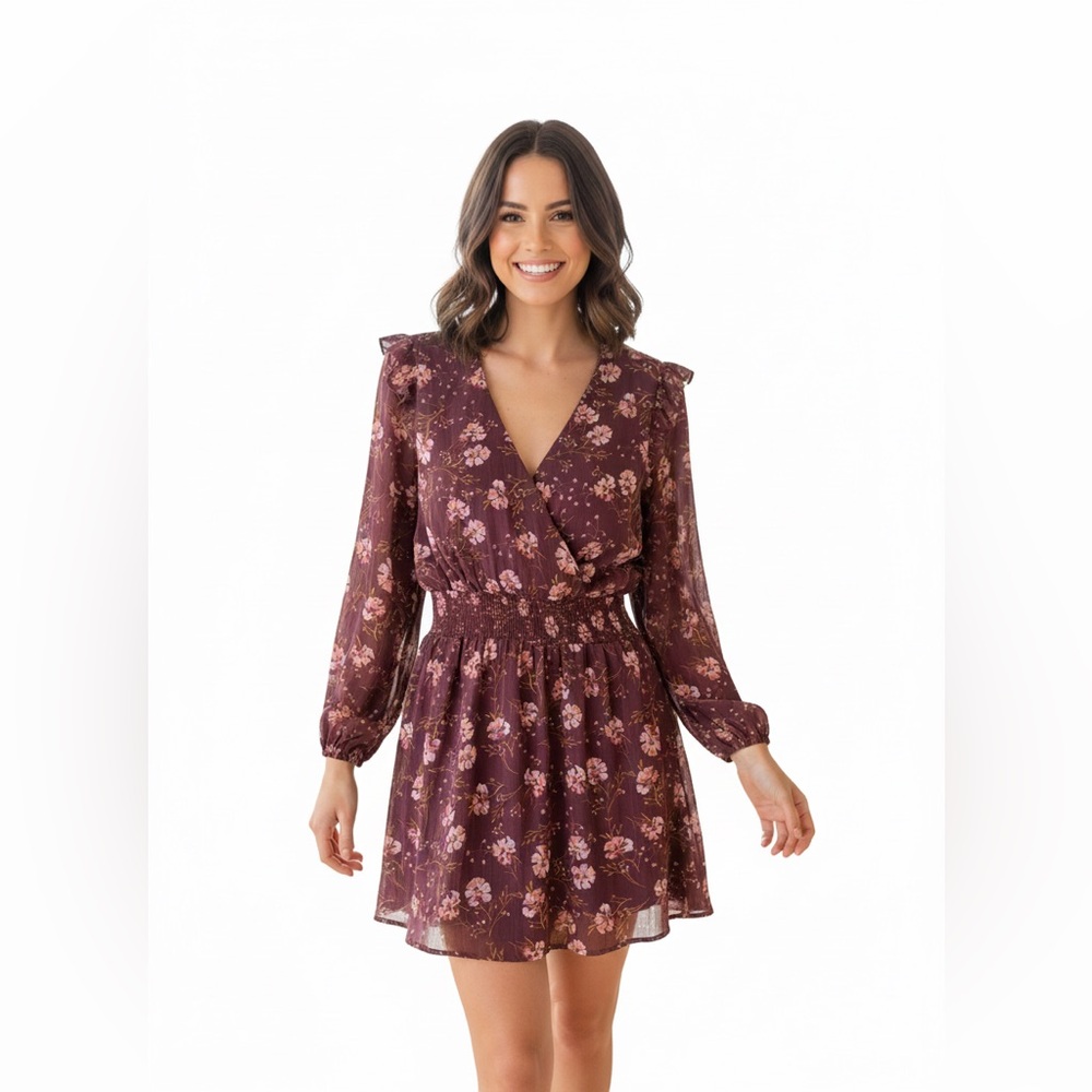 Socialite Maroon Floral V-neck Midi Dress- Small